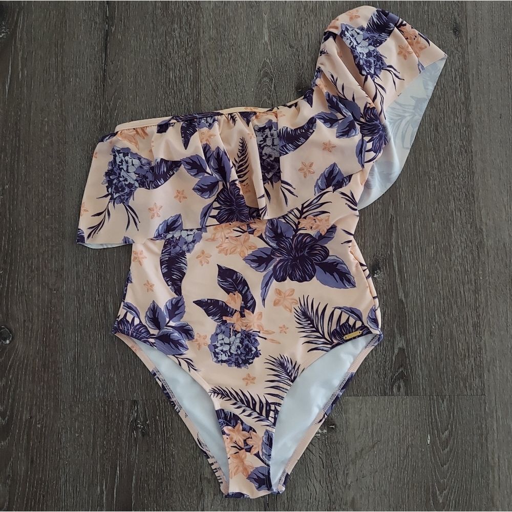 Stylish Swimwear One Shoulder Ruffle Floral Print One Piece Swimsuit Small